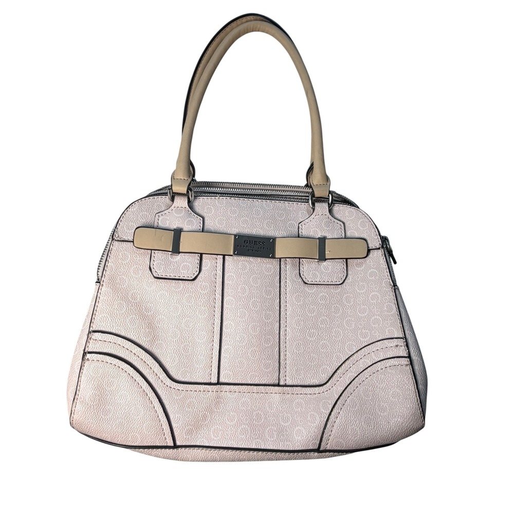 Guess Pink Monogram Logo‎ Satchel Handbag Triple Compartment Leopard Lining
